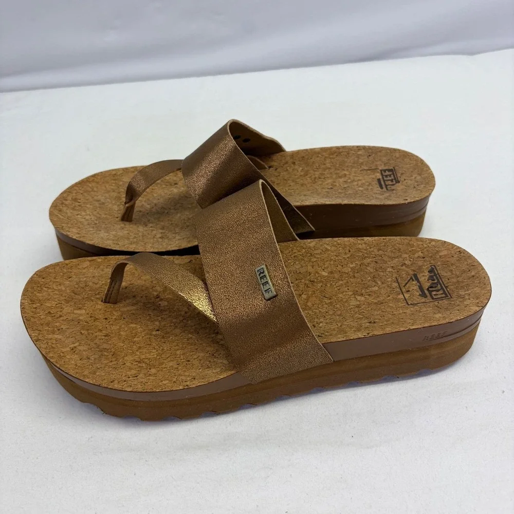 Reef Cushion Sol Hi Sandals Womens 9 Bronze Metallic Cork Platform Flip Flops